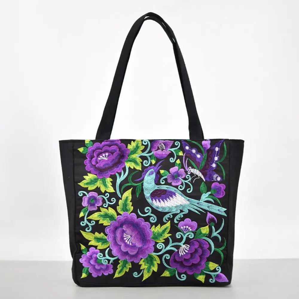 Buddha Stones Galsang Magpie Peony Camellia Chrysanthemum Embroidery Canvas Shopping Purse Handbag Shoulder Bag