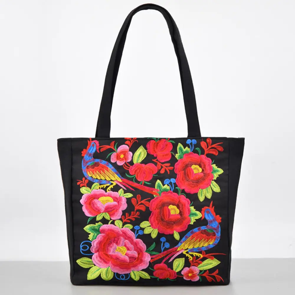 Buddha Stones Galsang Magpie Peony Camellia Chrysanthemum Embroidery Canvas Shopping Purse Handbag Shoulder Bag - Red