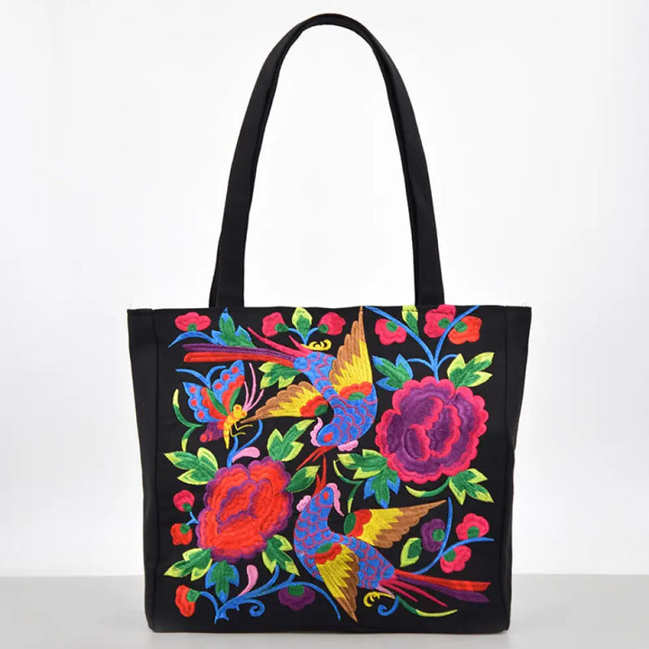 Buddha Stones Galsang Magpie Peony Camellia Chrysanthemum Embroidery Canvas Shopping Purse Handbag Shoulder Bag - Red