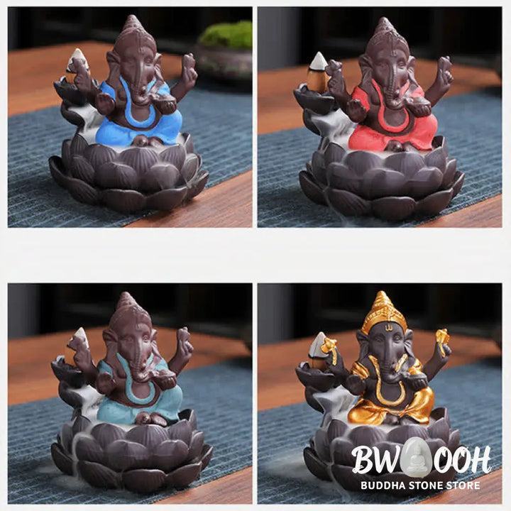 BWOOOH Ganesh Elephant Purple Clay Backflow Smoke Fountain Protection Incense Burner - Gold - Incense Burner