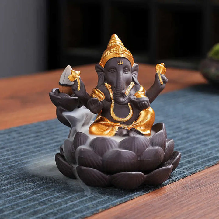 BWOOOH Ganesh Elephant Purple Clay Backflow Smoke Fountain Protection Incense Burner - Gold - Incense Burner