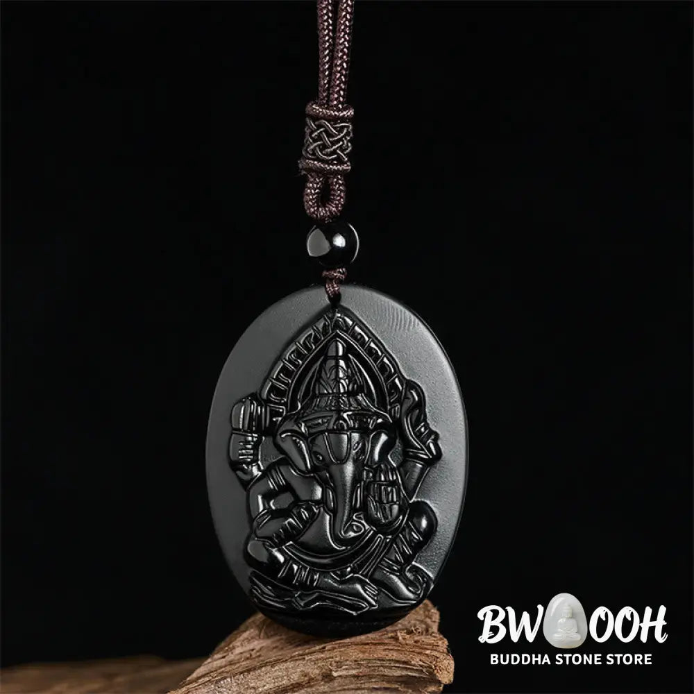 Buddha Stones Ganesh Elephant Relief Design Natural Black Obsidian Strength Necklace Pendant - BWOOOH - Black