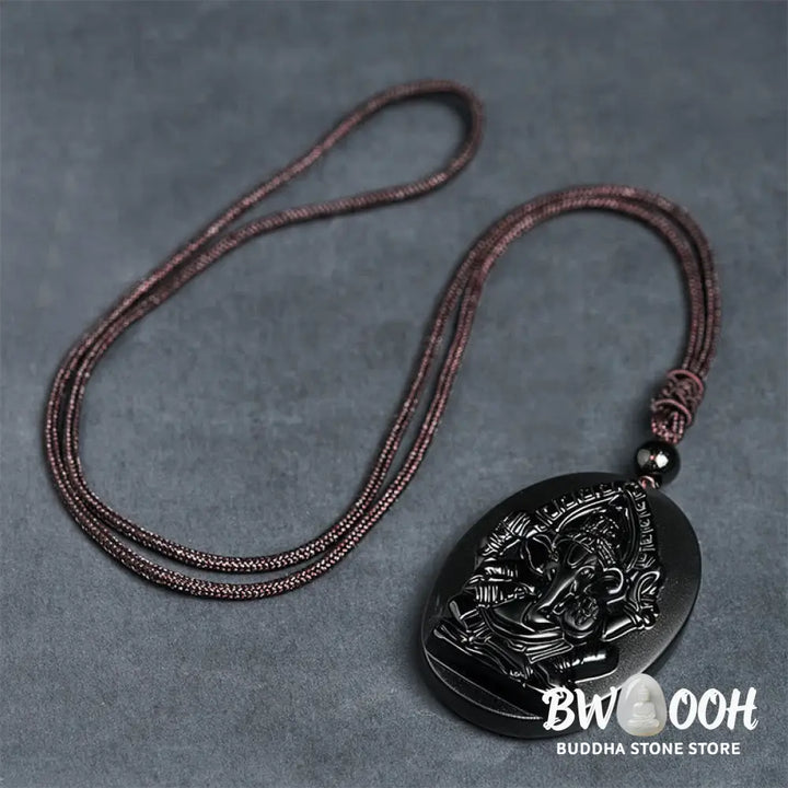Buddha Stones Ganesh Elephant Relief Design Natural Black Obsidian Strength Necklace Pendant - BWOOOH - Black