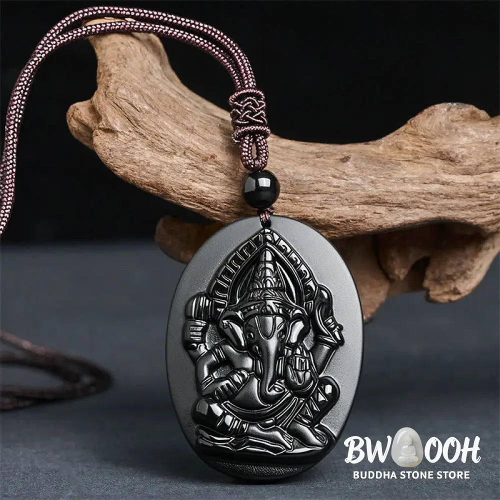 Buddha Stones Ganesh Elephant Relief Design Natural Black Obsidian Strength Necklace Pendant - BWOOOH - Black