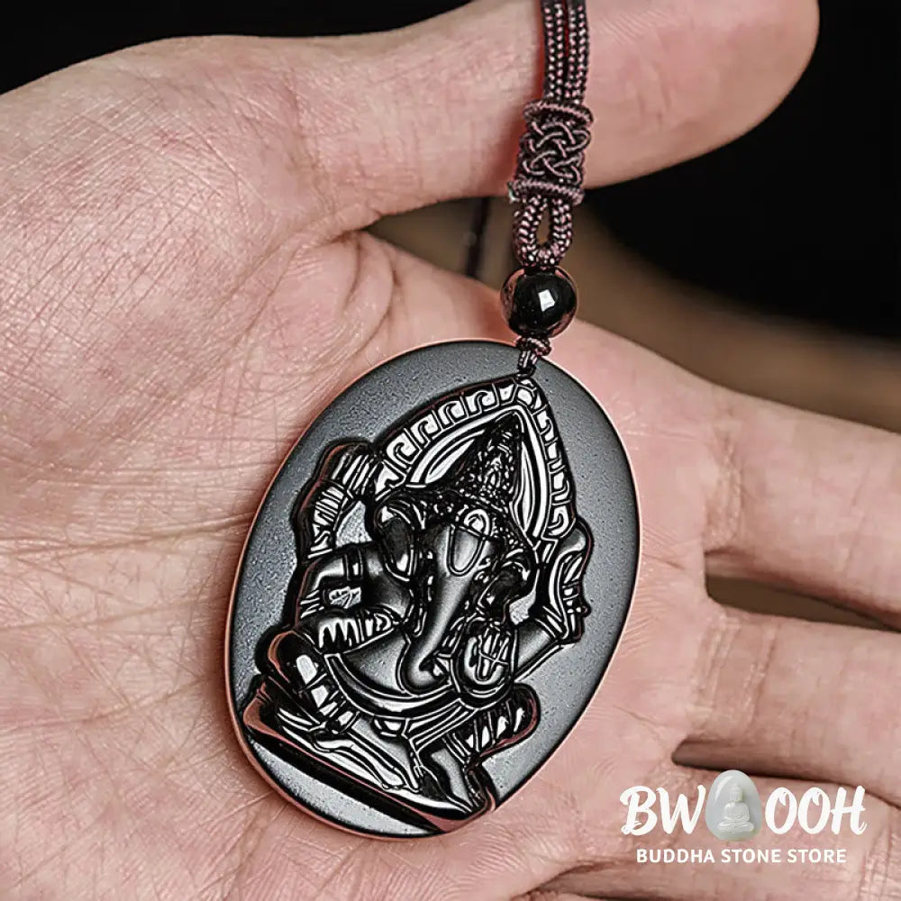 Buddha Stones Ganesh Elephant Relief Design Natural Black Obsidian Strength Necklace Pendant - BWOOOH - Black