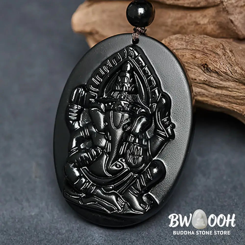 Buddha Stones Ganesh Elephant Relief Design Natural Black Obsidian Strength Necklace Pendant - BWOOOH - Black