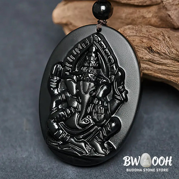 Buddha Stones Ganesh Elephant Relief Design Natural Black Obsidian Strength Necklace Pendant - BWOOOH - Black