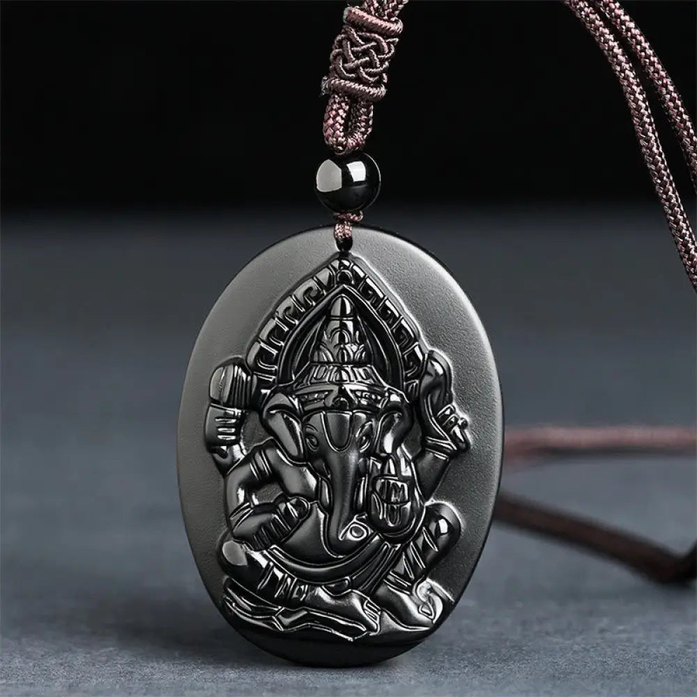 Buddha Stones Ganesh Elephant Relief Design Natural Black Obsidian Strength Necklace Pendant - BWOOOH - Black
