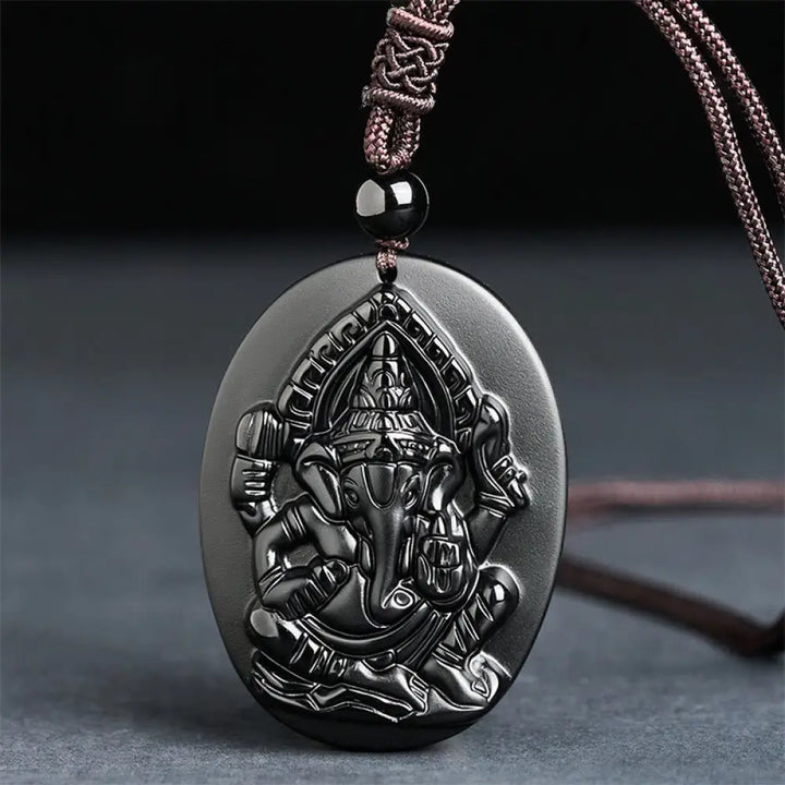 Buddha Stones Ganesh Elephant Relief Design Natural Black Obsidian Strength Necklace Pendant - BWOOOH - Black