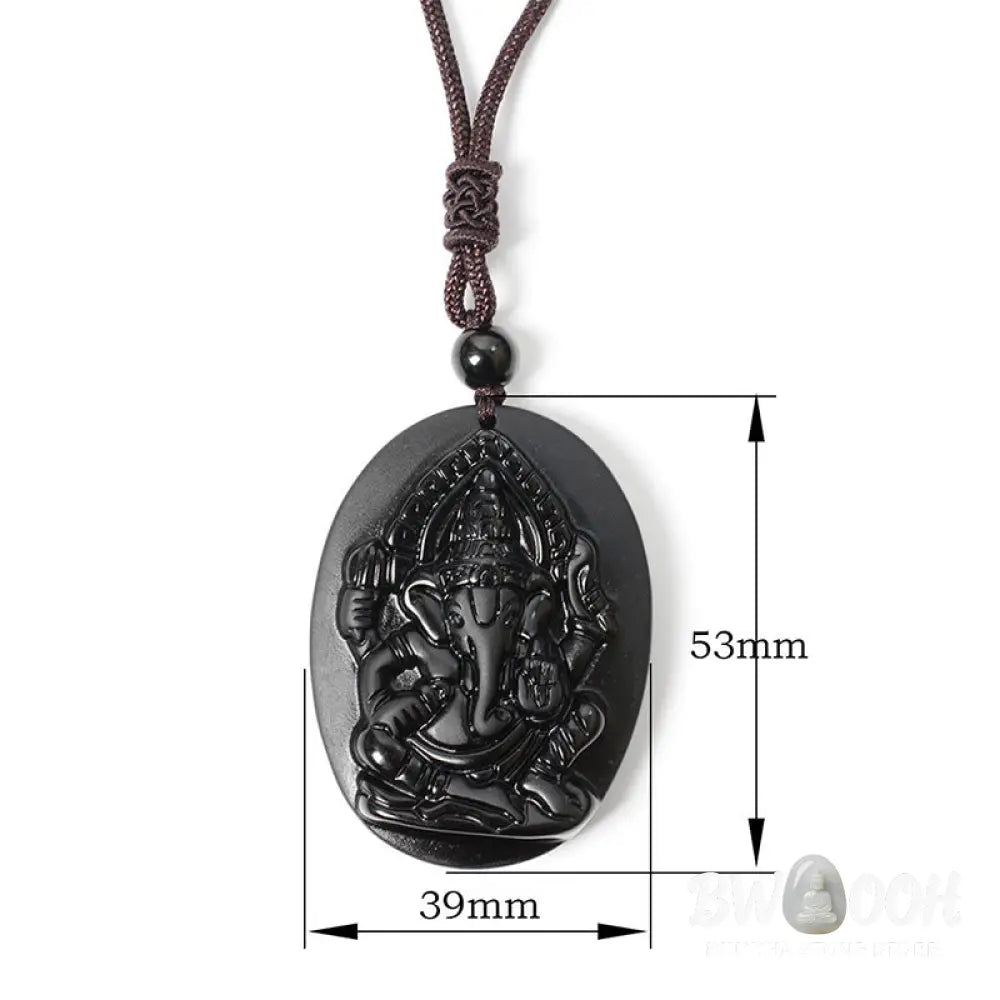 Buddha Stones Ganesh Elephant Relief Design Natural Black Obsidian Strength Necklace Pendant - BWOOOH - Black