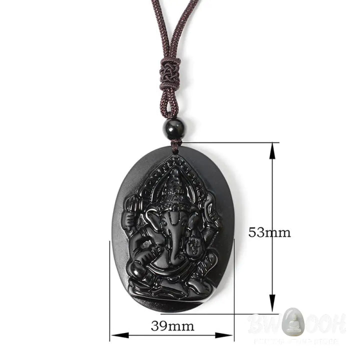 Buddha Stones Ganesh Elephant Relief Design Natural Black Obsidian Strength Necklace Pendant - BWOOOH - Black