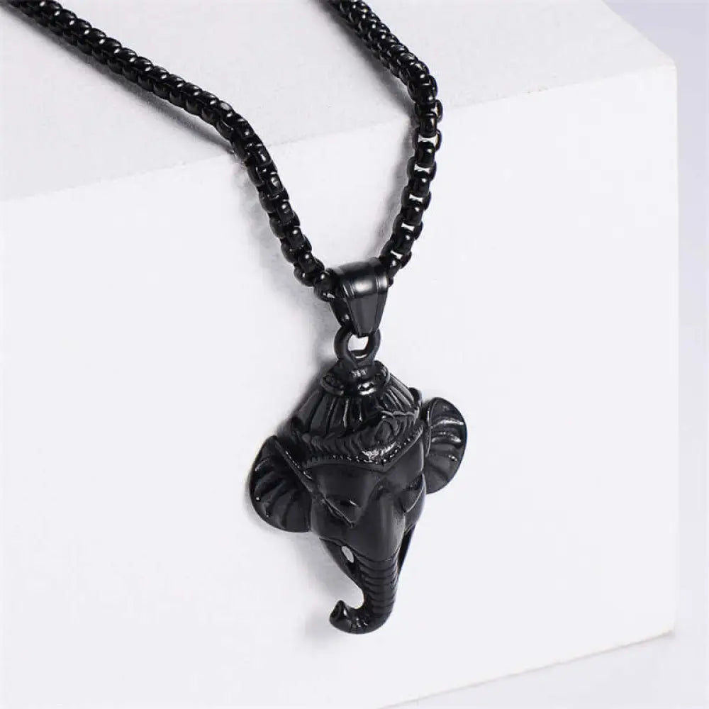 Buddha Stones Ganesh Ganpati Elephant Titanium Steel Protection Pendant Necklace - BWOOOH - Black - Necklaces &amp; Pendants