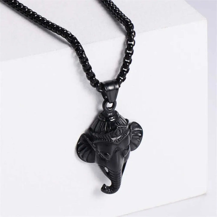 Buddha Stones Ganesh Ganpati Elephant Titanium Steel Protection Pendant Necklace - BWOOOH - Black - Necklaces &amp; Pendants
