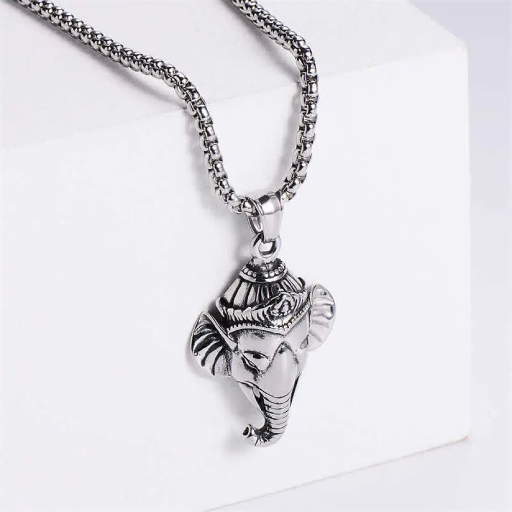 Buddha Stones Ganesh Ganpati Elephant Titanium Steel Protection Pendant Necklace - BWOOOH - Silver - Necklaces &amp;