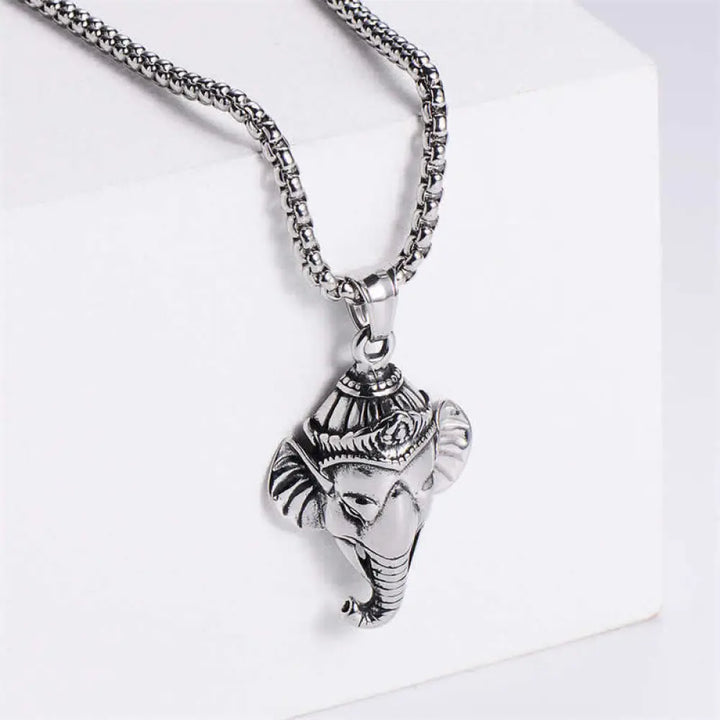 Buddha Stones Ganesh Ganpati Elephant Titanium Steel Protection Pendant Necklace - BWOOOH - Silver - Necklaces &amp;