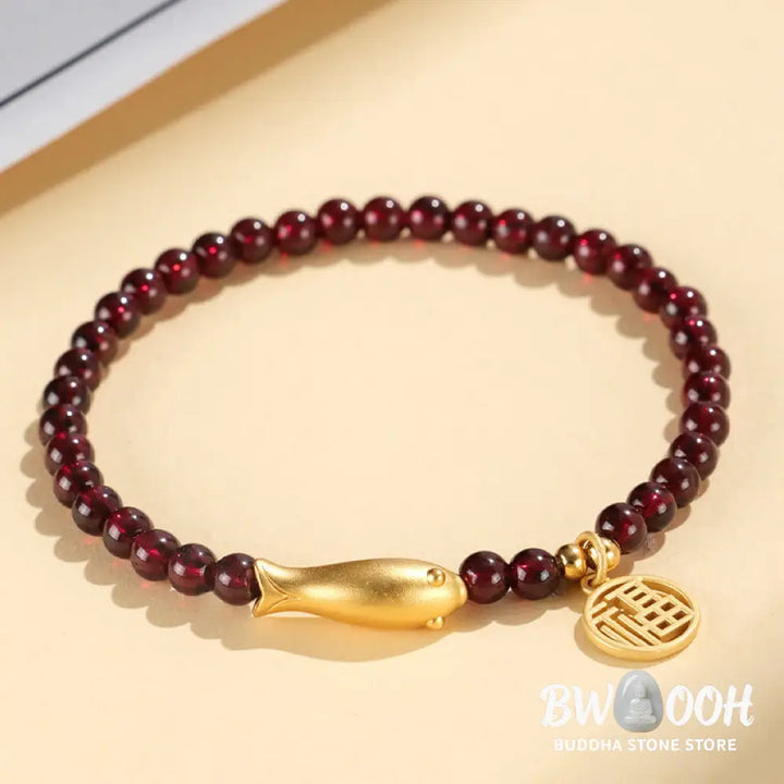 Buddha Stones Garnet 925 Sterling Silver Fish Fu Character Purification Bracelet - BWOOOH - Bracelet