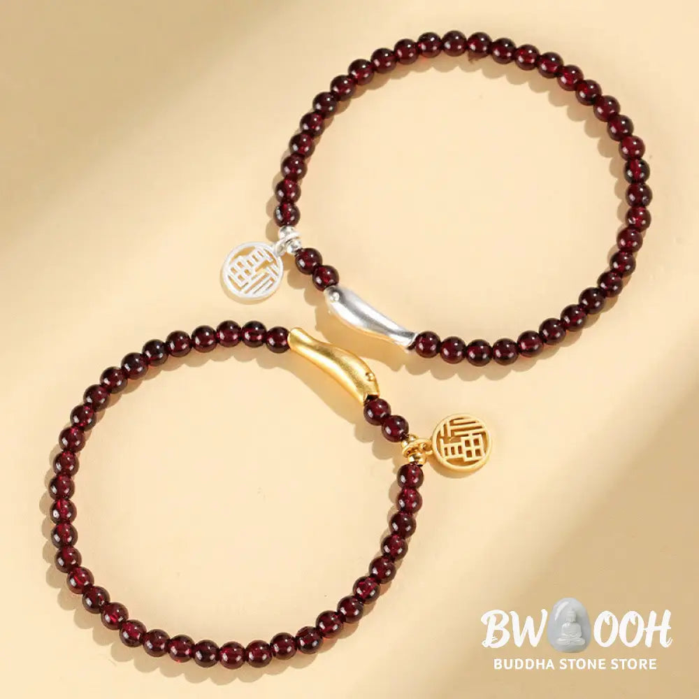 Buddha Stones Garnet 925 Sterling Silver Fish Fu Character Purification Bracelet - BWOOOH - Bracelet