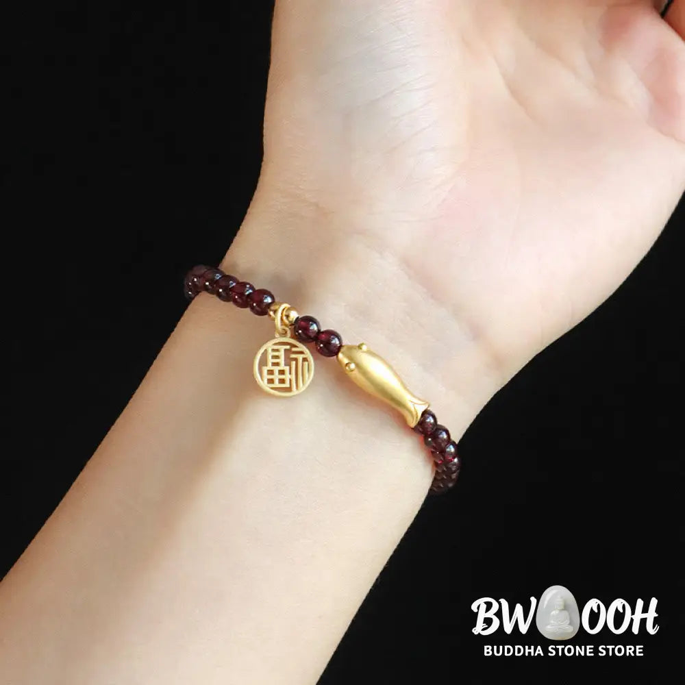 Buddha Stones Garnet 925 Sterling Silver Fish Fu Character Purification Bracelet - BWOOOH - Bracelet
