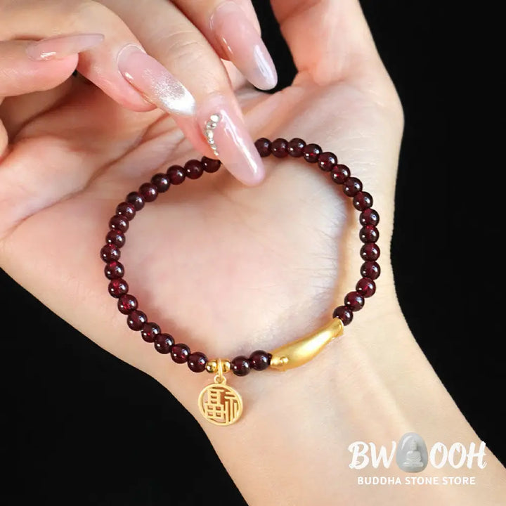 Buddha Stones Garnet 925 Sterling Silver Fish Fu Character Purification Bracelet - BWOOOH - Bracelet