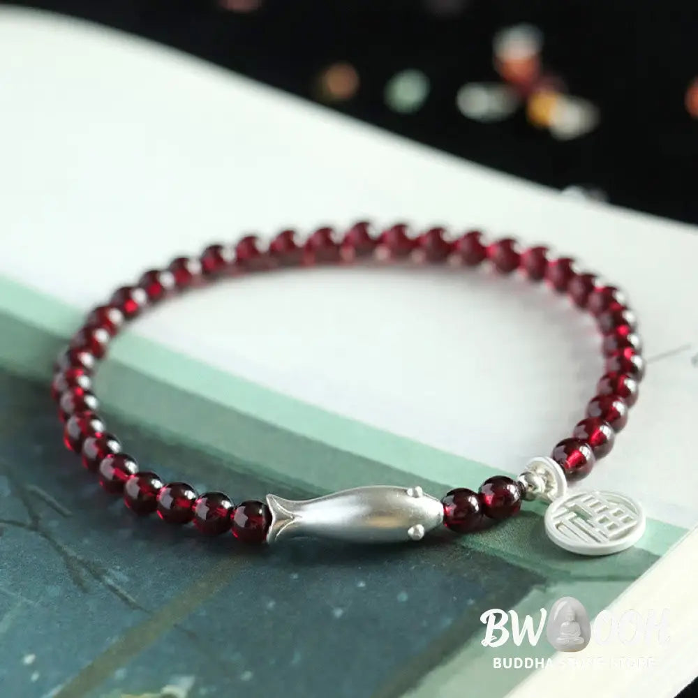 Buddha Stones Garnet 925 Sterling Silver Fish Fu Character Purification Bracelet - BWOOOH - Bracelet