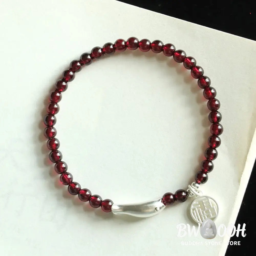 Buddha Stones Garnet 925 Sterling Silver Fish Fu Character Purification Bracelet - BWOOOH - Bracelet