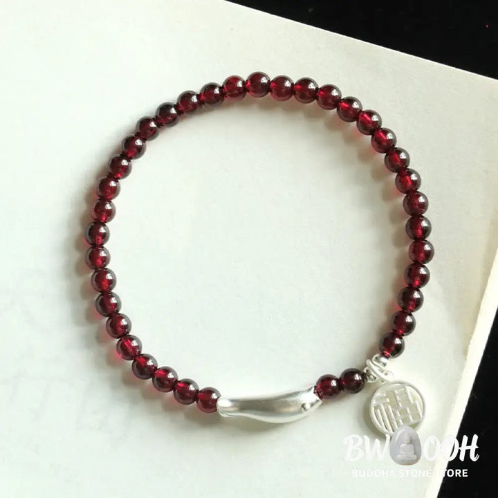 Buddha Stones Garnet 925 Sterling Silver Fish Fu Character Purification Bracelet - BWOOOH - Bracelet