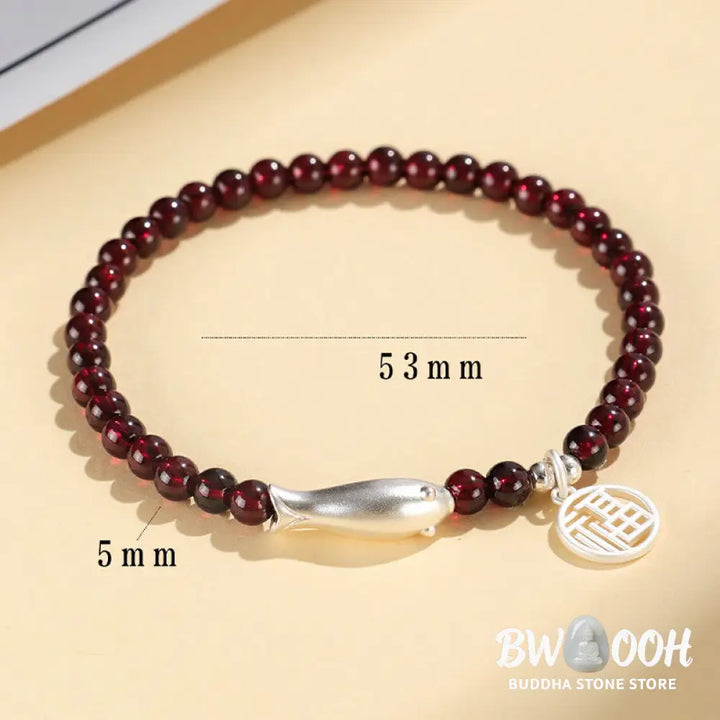 Buddha Stones Garnet 925 Sterling Silver Fish Fu Character Purification Bracelet - BWOOOH - Bracelet