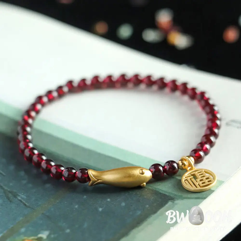 Buddha Stones Garnet 925 Sterling Silver Fish Fu Character Purification Bracelet - BWOOOH - Bracelet