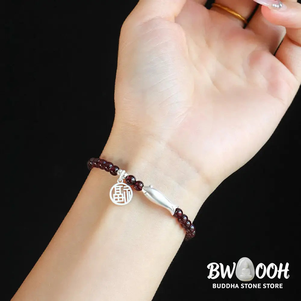 Buddha Stones Garnet 925 Sterling Silver Fish Fu Character Purification Bracelet - BWOOOH - Bracelet