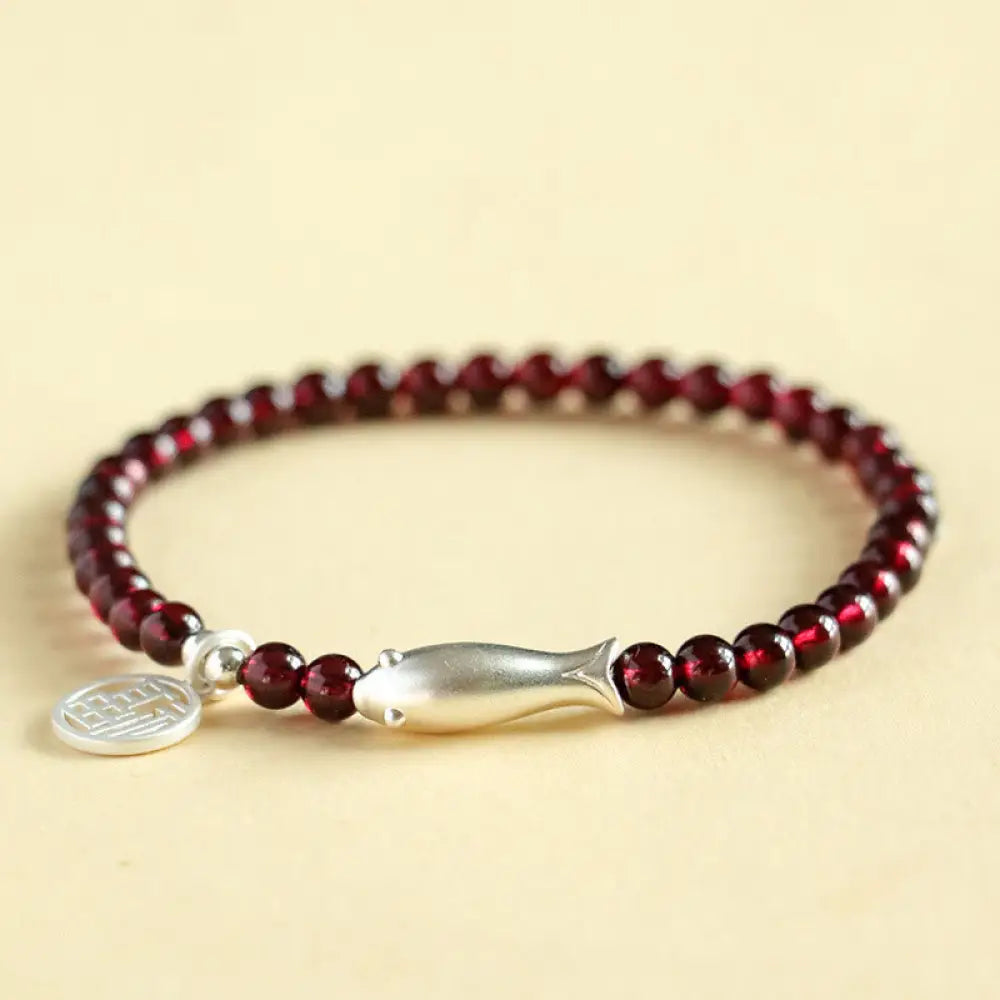 Buddha Stones Garnet 925 Sterling Silver Fish Fu Character Purification Bracelet - BWOOOH - Garnet 925 Sterling Silver