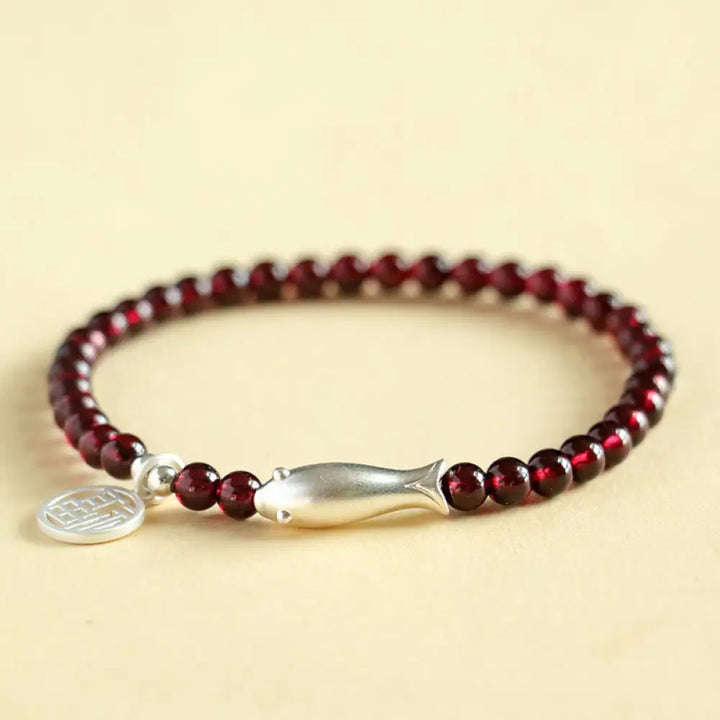 Buddha Stones Garnet 925 Sterling Silver Fish Fu Character Purification Bracelet - BWOOOH - Garnet 925 Sterling Silver
