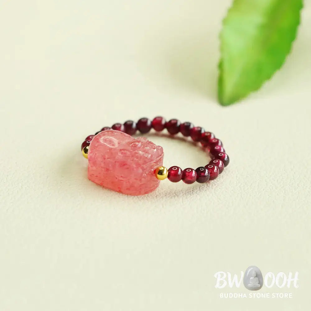 Buddha Stones Garnet Beads Strawberry Quartz Pixiu Protection Ring - Garnet Bead(Adjustable) - Ring