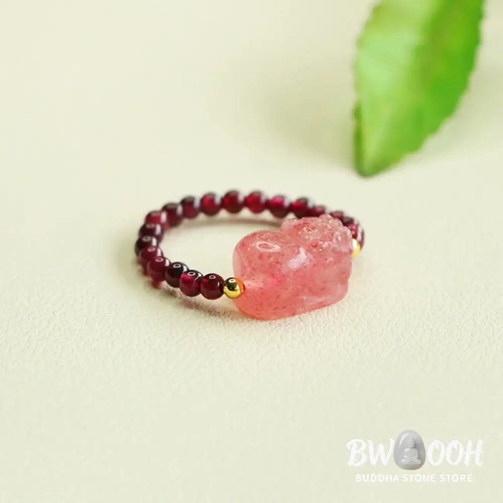 Buddha Stones Garnet Beads Strawberry Quartz Pixiu Protection Ring - Garnet Bead(Adjustable) - Ring