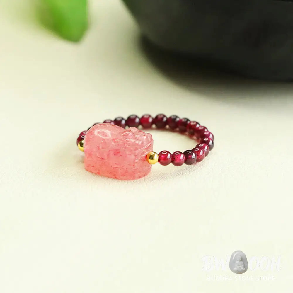 Buddha Stones Garnet Beads Strawberry Quartz Pixiu Protection Ring - Garnet Bead(Adjustable) - Ring