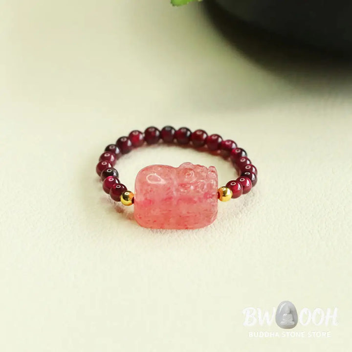 Buddha Stones Garnet Beads Strawberry Quartz Pixiu Protection Ring - Garnet Bead(Adjustable) - Ring