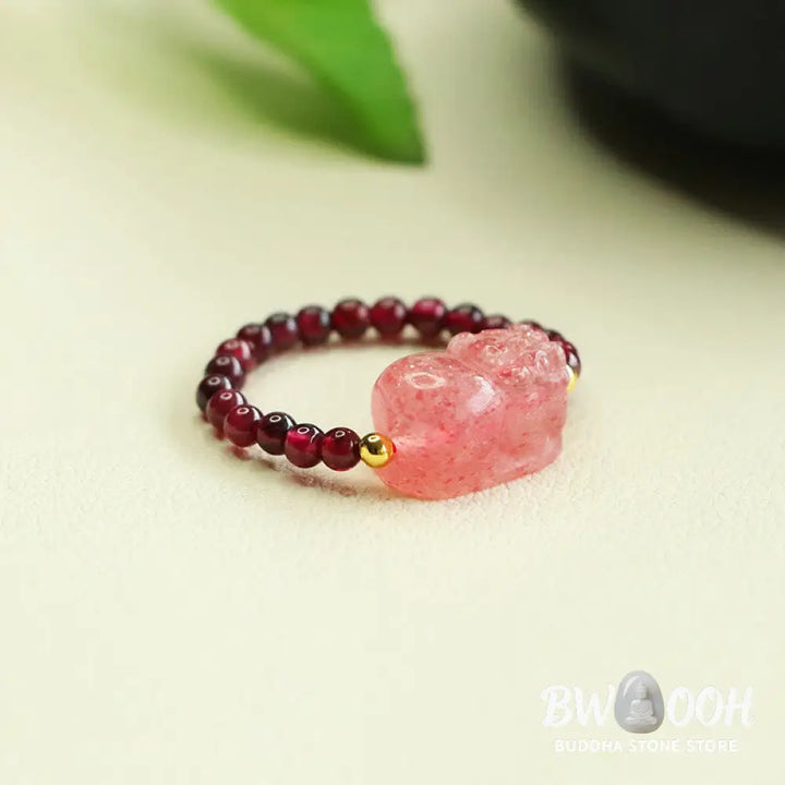 Buddha Stones Garnet Beads Strawberry Quartz Pixiu Protection Ring - Garnet Bead(Adjustable) - Ring