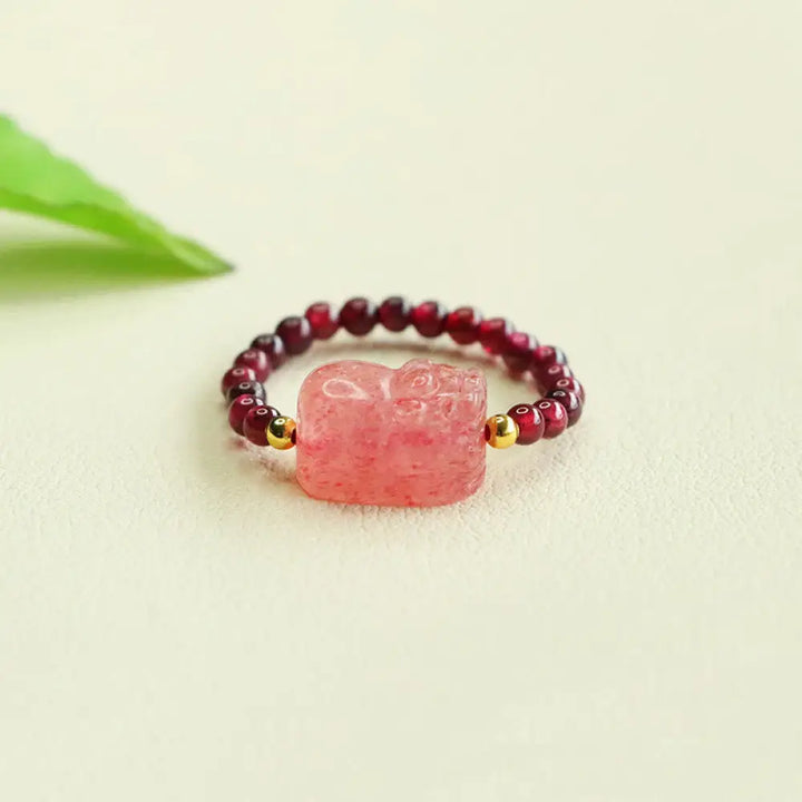 BWOOOH Garnet Beads Strawberry Quartz Pixiu Protection Ring — Garnet feng shui bracelet for spiritual healing and mindful ...