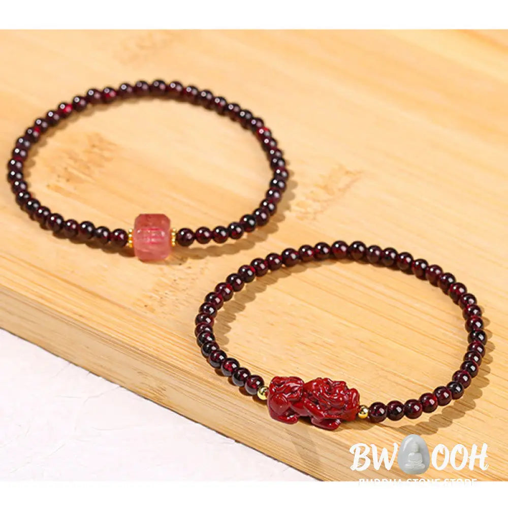 Buddha Stones Garnet Cinnabar PiXiu Strawberry Quartz Square Bead Protection Bracelet - BWOOOH - Bracelet