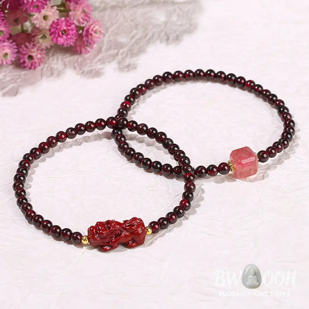 Buddha Stones Garnet Cinnabar PiXiu Strawberry Quartz Square Bead Protection Bracelet - BWOOOH - Bracelet