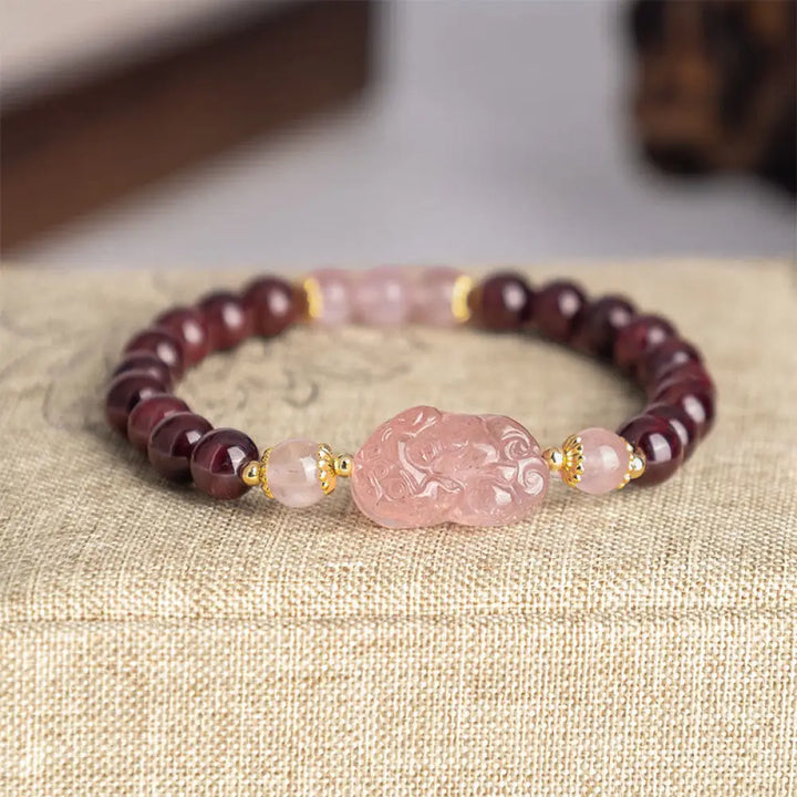 Buddha Stones Garnet Strawberry Quartz Pixiu Lucky Bracelet - Garnet Pink Crystal(Wrist Circumference: 14-16cm)