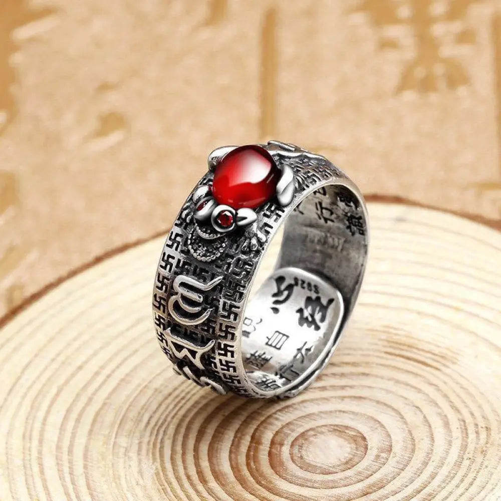 Buddha Stones Genstone PiXiu Feng Shui Frog Vajra Dorje Heart Sutra Wealth Adjustable Ring - BWOOOH - Feng Shui Frog