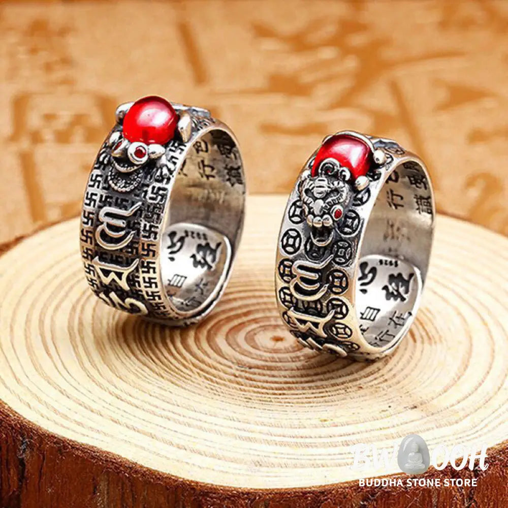 Buddha Stones Genstone PiXiu Feng Shui Frog Vajra Dorje Heart Sutra Wealth Adjustable Ring - BWOOOH - Ring