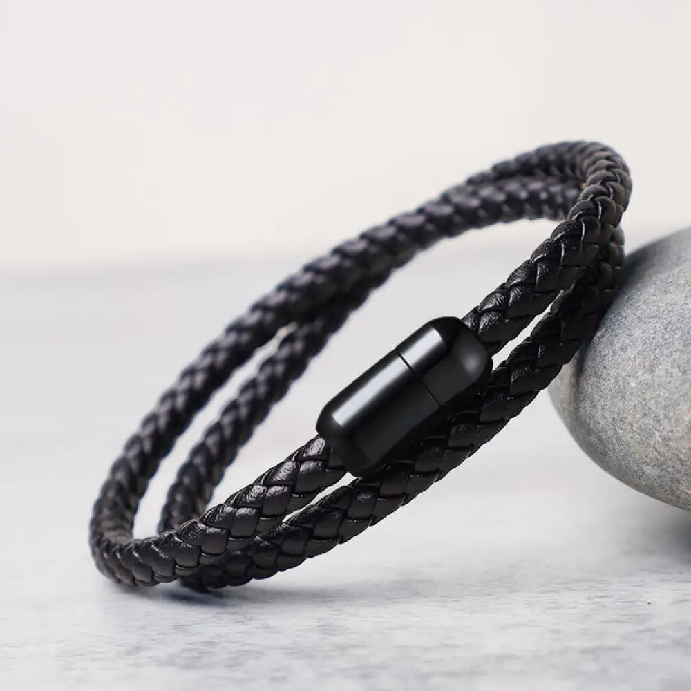 Buddha Stones Genuine Leather Red String Protection Magnetic Buckle Bracelet - BWOOOH - Black(Wrist Circumference