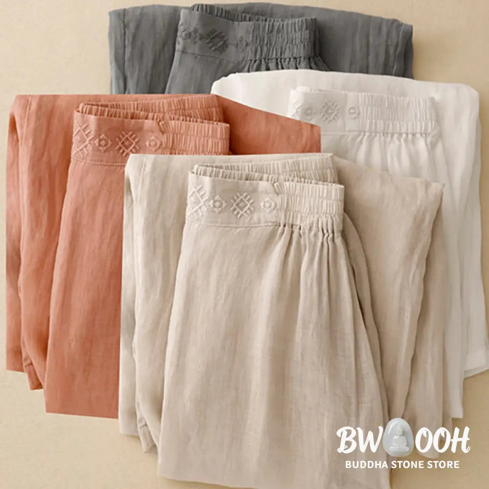 Buddha Stones Geometric Embroidery Elastic Waist Women’s Cotton Linen Wide Leg Pants With Pockets - Women’s Wide Leg