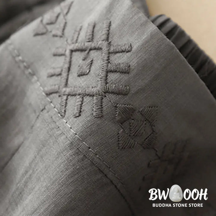 Buddha Stones Geometric Embroidery Elastic Waist Women’s Cotton Linen Wide Leg Pants With Pockets - Women’s Wide Leg