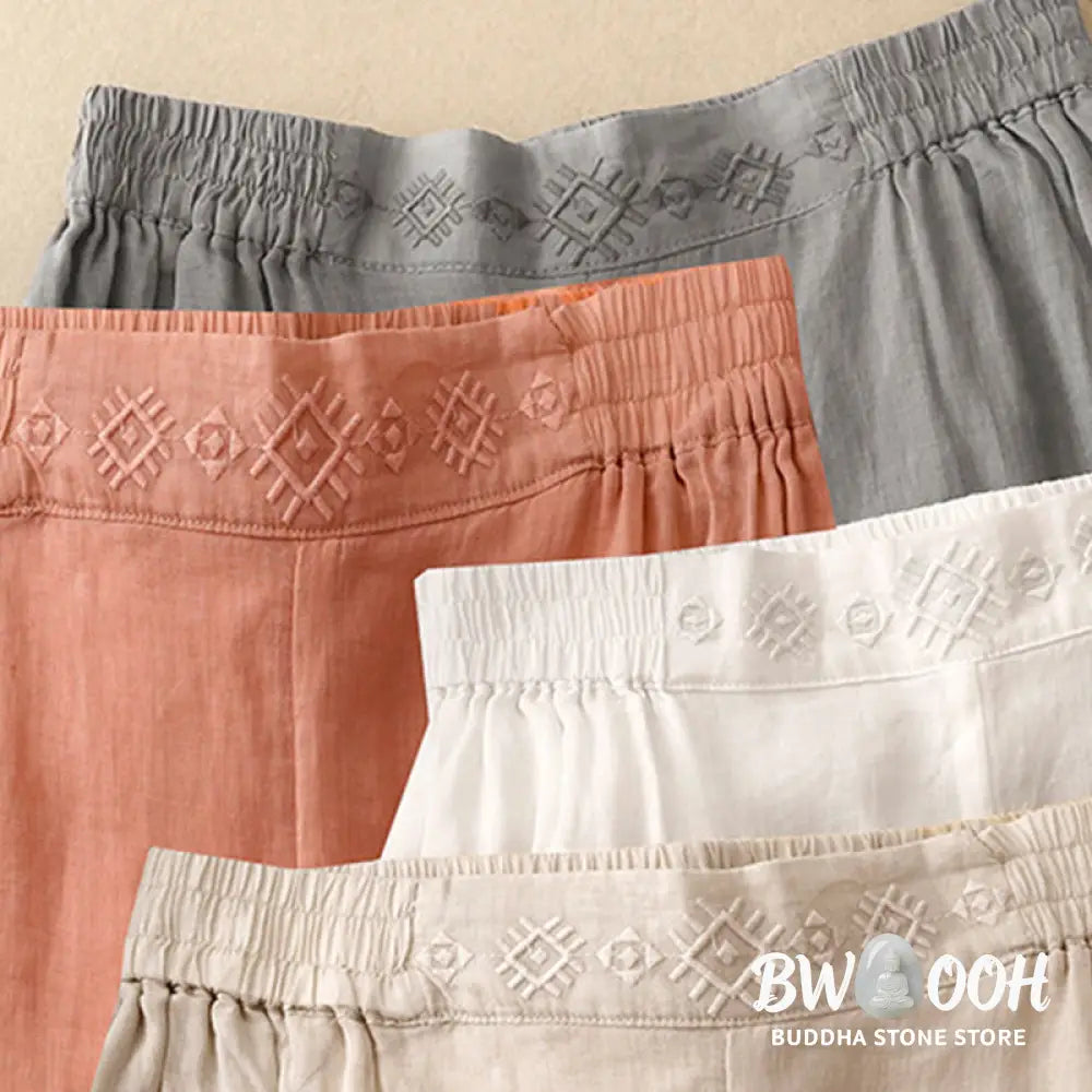 Buddha Stones Geometric Embroidery Elastic Waist Women’s Cotton Linen Wide Leg Pants With Pockets - Women’s Wide Leg