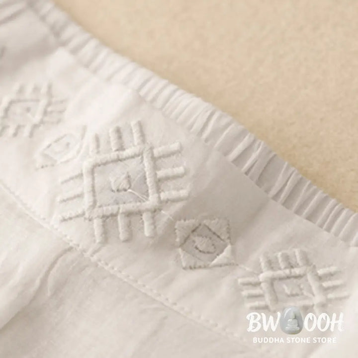 Buddha Stones Geometric Embroidery Elastic Waist Women’s Cotton Linen Wide Leg Pants With Pockets - Women’s Wide Leg