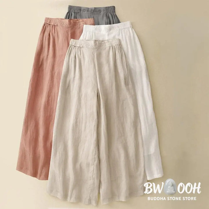 Buddha Stones Geometric Embroidery Elastic Waist Women’s Cotton Linen Wide Leg Pants With Pockets - Women’s Wide Leg