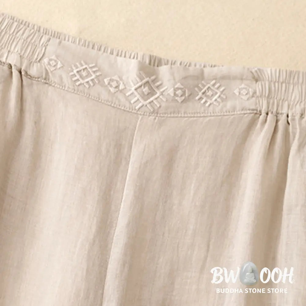 Buddha Stones Geometric Embroidery Elastic Waist Women’s Cotton Linen Wide Leg Pants With Pockets - Women’s Wide Leg