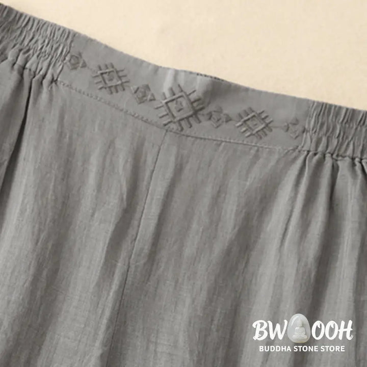 Buddha Stones Geometric Embroidery Elastic Waist Women’s Cotton Linen Wide Leg Pants With Pockets - Women’s Wide Leg